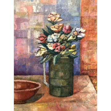 GRANDE QUADRO OLIO TELA Vito Melotto NATURA MORTA Composizione FIORI CIOTOLA 86'