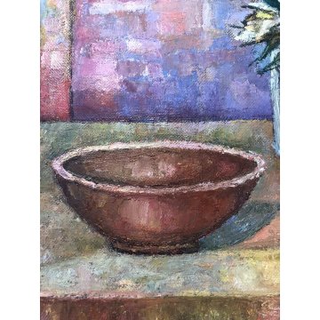 GRANDE QUADRO OLIO TELA Vito Melotto NATURA MORTA Composizione FIORI CIOTOLA 86'