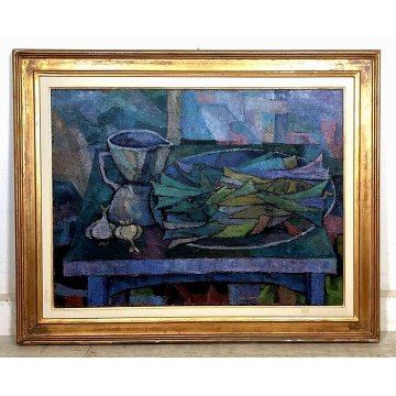 GRANDE QUADRO OLIO TELA Vito Melotto NATURA MORTA con PESCI FOTO AUTENENTICA '75