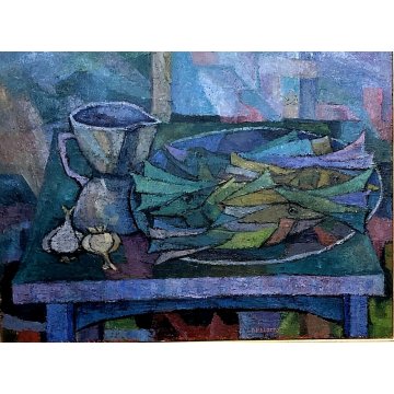 GRANDE QUADRO OLIO TELA Vito Melotto NATURA MORTA con PESCI FOTO AUTENENTICA '75