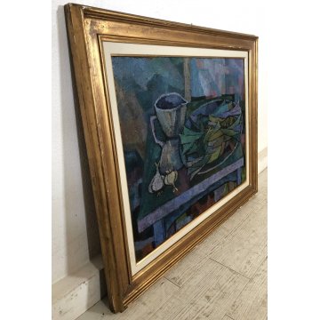 GRANDE QUADRO OLIO TELA Vito Melotto NATURA MORTA con PESCI FOTO AUTENENTICA '75