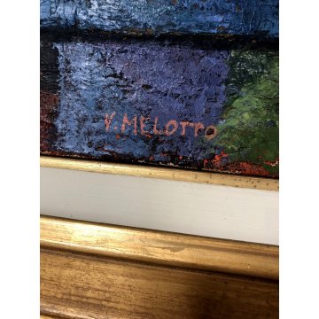 GRANDE QUADRO OLIO TELA Vito Melotto NATURA MORTA con PESCI FOTO AUTENENTICA '75