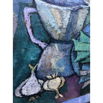 GRANDE QUADRO OLIO TELA Vito Melotto NATURA MORTA con PESCI FOTO AUTENENTICA '75