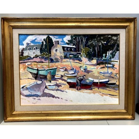 GRANDE QUADRO OLIO TELA Luigi Brambati VEDUTA PAESAGGIO Bassa marea Lesconil '80