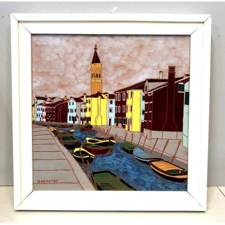 QUADRO FORMELLA PLACCA CERAMICA SMALTATA P. De Petri LAGUNA CANALE Venezia '900 