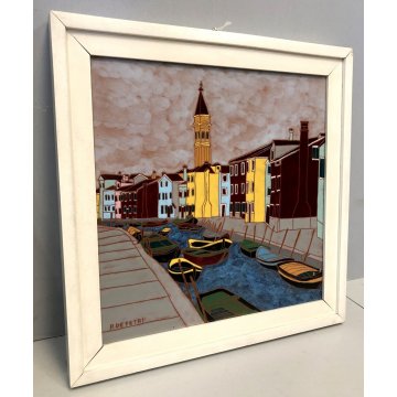 QUADRO FORMELLA PLACCA CERAMICA SMALTATA P. De Petri LAGUNA CANALE Venezia '900 