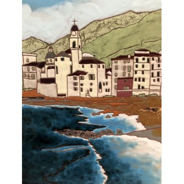 QUADRO FORMELLA PIASTRA CERAMICA SMALTATA P. De Petri  MARINA PESAGGIO GOLFO 900