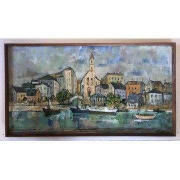 GRANDE QUADRO OLIO TELA Jean Bellesia Canale Olandese PAESAGGIO MARINA PORTO 900