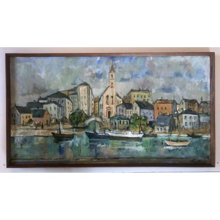 GRANDE QUADRO OLIO TELA Jean Bellesia Canale Olandese PAESAGGIO MARINA PORTO 900