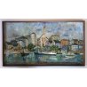 GRANDE QUADRO OLIO TELA Jean Bellesia Canale Olandese PAESAGGIO MARINA PORTO 900