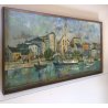GRANDE QUADRO OLIO TELA Jean Bellesia Canale Olandese PAESAGGIO MARINA PORTO 900