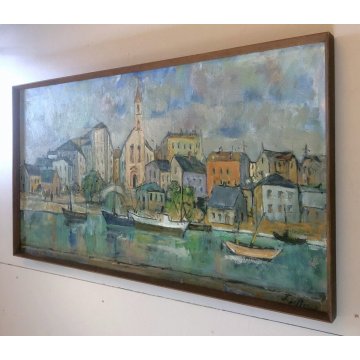 GRANDE QUADRO OLIO TELA Jean Bellesia Canale Olandese PAESAGGIO MARINA PORTO 900