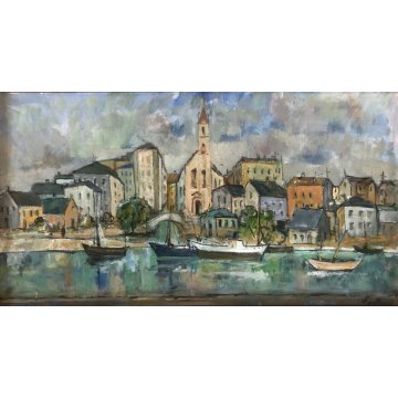 GRANDE QUADRO OLIO TELA Jean Bellesia Canale Olandese PAESAGGIO MARINA PORTO 900