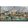 GRANDE QUADRO OLIO TELA Jean Bellesia Canale Olandese PAESAGGIO MARINA PORTO 900