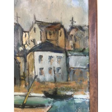GRANDE QUADRO OLIO TELA Jean Bellesia Canale Olandese PAESAGGIO MARINA PORTO 900