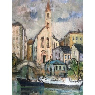 GRANDE QUADRO OLIO TELA Jean Bellesia Canale Olandese PAESAGGIO MARINA PORTO 900