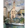 GRANDE QUADRO OLIO TELA Jean Bellesia Canale Olandese PAESAGGIO MARINA PORTO 900