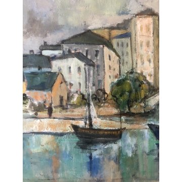GRANDE QUADRO OLIO TELA Jean Bellesia Canale Olandese PAESAGGIO MARINA PORTO 900