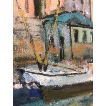 GRANDE QUADRO OLIO TELA Jean Bellesia Canale Olandese PAESAGGIO MARINA PORTO 900