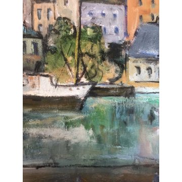 GRANDE QUADRO OLIO TELA Jean Bellesia Canale Olandese PAESAGGIO MARINA PORTO 900