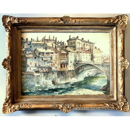 GRANDE QUADRO ACQUERELLO G. Roncaglia ANTICA VEDUTA VARALLO ponte fiume Sesia