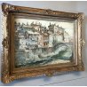 GRANDE QUADRO ACQUERELLO G. Roncaglia ANTICA VEDUTA VARALLO ponte fiume Sesia
