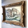 GRANDE QUADRO ACQUERELLO G. Roncaglia ANTICA VEDUTA VARALLO ponte fiume Sesia