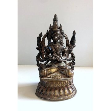 ANTICA STATUA BUDDA SEDUTO PREGHIERA MEDITAZIONE OTTONE PATINA VINTAGE 