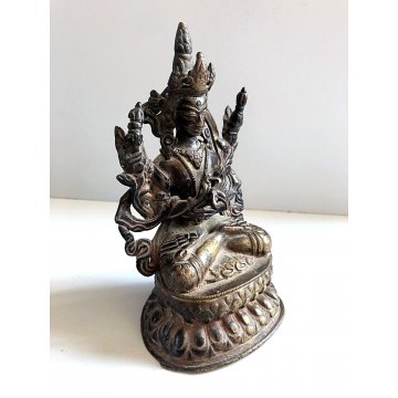 ANTICA STATUA BUDDA SEDUTO PREGHIERA MEDITAZIONE OTTONE PATINA VINTAGE 