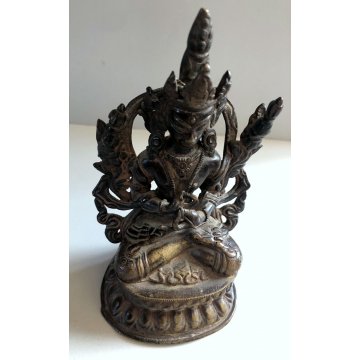 ANTICA STATUA BUDDA SEDUTO PREGHIERA MEDITAZIONE OTTONE PATINA VINTAGE 