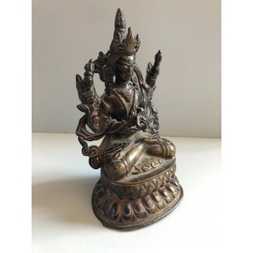 ANTICA STATUA BUDDA SEDUTO PREGHIERA MEDITAZIONE OTTONE PATINA VINTAGE 