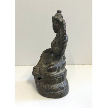 PICCOLA ANTICA STATUA FIGURA BUDDA SEDUTO PREGHIERA MEDITAZIONE OTTONE VINTAGE 