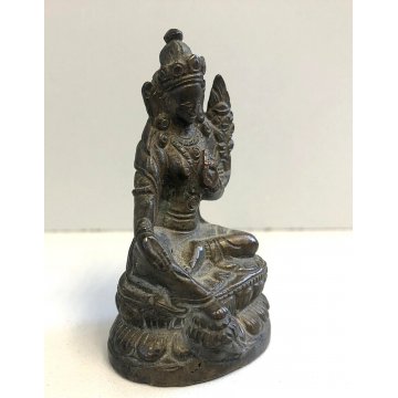 PICCOLA ANTICA STATUA FIGURA BUDDA SEDUTO PREGHIERA MEDITAZIONE OTTONE VINTAGE 