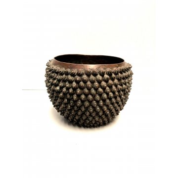 ANTICO VASO BRONZO TONDO ARTE ORIENTALE DECORO RILIEVO RICCI TESTA di BUDDHA 