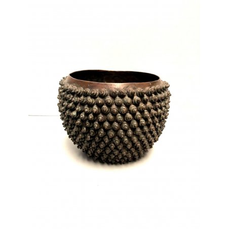 ANTICO VASO BRONZO TONDO ARTE ORIENTALE DECORO RILIEVO RICCI TESTA di BUDDHA 