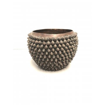 ANTICO VASO BRONZO TONDO ARTE ORIENTALE DECORO RILIEVO RICCI TESTA di BUDDHA 