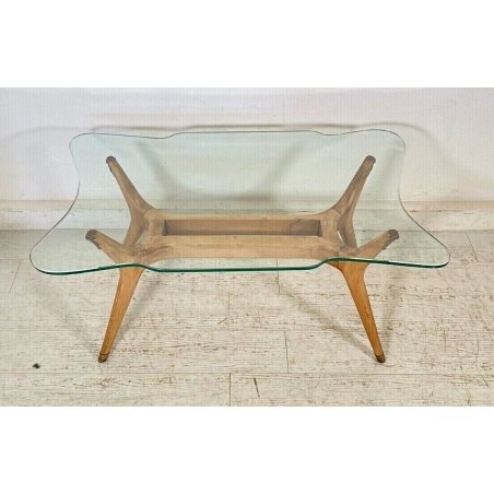 TAVOLO BASSO CAFFE' VINTAGE LEGNO FAGGIO CRISTALLO ATTR. Mollino Gio Ponti '50s