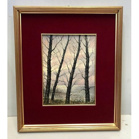 QUADRO DIPINTO OLIO Danilo Andreis PAESAGGIO TRAMONTO "Il lago di Viverone" 1967