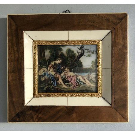 ANTICO PICCOLO QUADRO MINIATURA SCENA ROMANTICA PAESAGGIO COPPIA PASTORELLA 