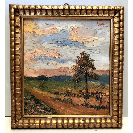 ANTICO DIPINTO OLIO CARTONE MATERICO Alvise b PAESAGGIO COLLINARE STRADA 1924 