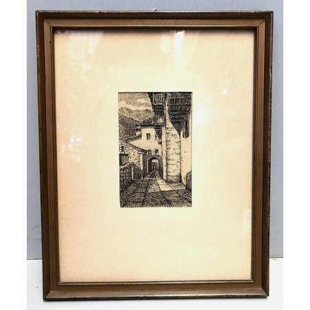PICCOLO QUADRO STAMPA Danilo Andreis SCHIZZO SCORCIO BORGO ANTICO MONTAGNA 1941