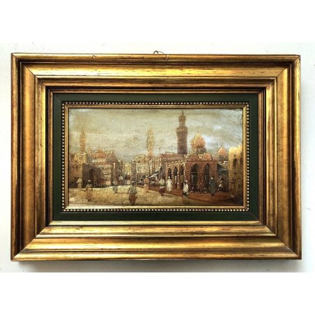 QUADRO OLIO TAVOLA V. Darneir VEDUTA CITTA' ORIENTALE PIAZZA MOSCHEA CUPOLA '900