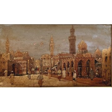 QUADRO OLIO TAVOLA V. Darneir VEDUTA CITTA' ORIENTALE PIAZZA MOSCHEA CUPOLA '900