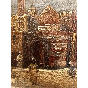 QUADRO OLIO TAVOLA V. Darneir VEDUTA CITTA' ORIENTALE PIAZZA MOSCHEA CUPOLA '900