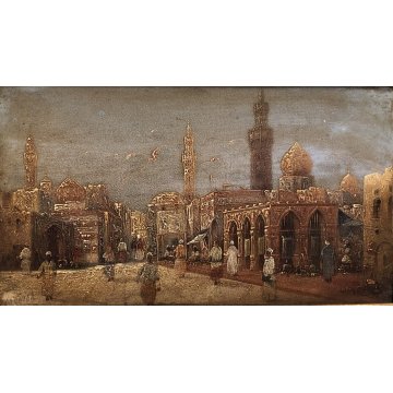 QUADRO OLIO TAVOLA V. Darneir VEDUTA CITTA' ORIENTALE PIAZZA MOSCHEA CUPOLA '900