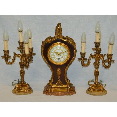ANTICO TRITTICO Orologio Parigina 2 CANDELABRO epoca 1900 OTTONE DORATO MARMO