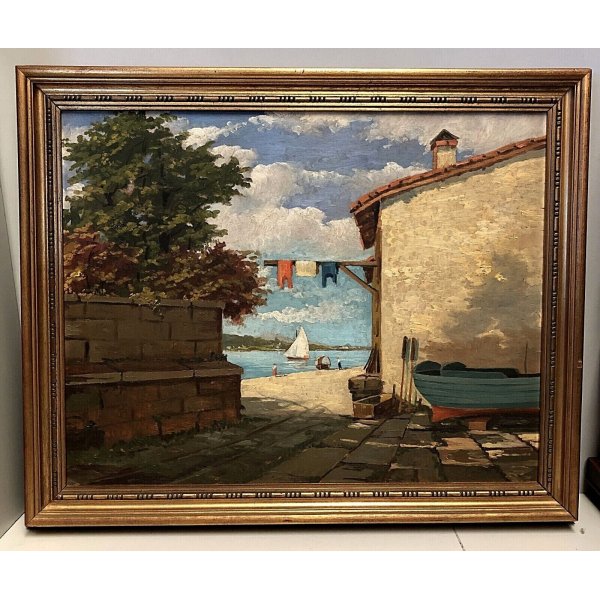 GRANDE QUADRO OLIO TAVOLA Solaro SCORCIO "Orta casa del barcaiolo" LAGO D'ORTA