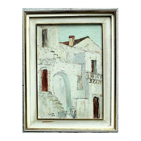 ANTICO QUADRO OLIO TAVOLA Enzo Sozzo VEDUTA PAESAGGIO PUGLIESE SCORCIO CITTA' 64