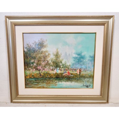 GRANDE DIPINTO OLIO TELA Luciano Lutring 1994 BELL' EPOQUE " Festa nel Parco "