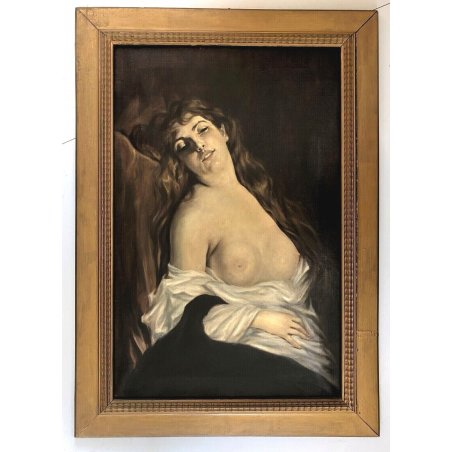 ANTICO QUADRO DIPINTO OLIO RITRATTO FIGURA NUDO FEMMINILE CORNICE GUILLOCHE '800
